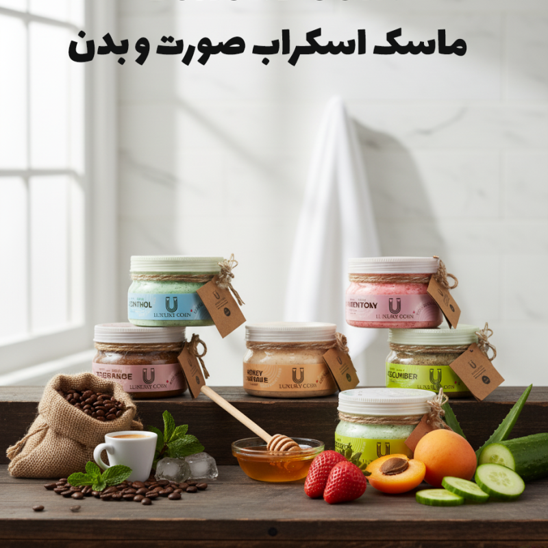 ماسک اسکراب صورت و بدن لاکچری کوین – ترکیبی از عصاره‌های طبیعی خیار، توت‌فرنگی، زردآلو، آلوئه‌ورا، عسل و بابونه، نعناع و قهوه برای شفافیت و نرمی پوست