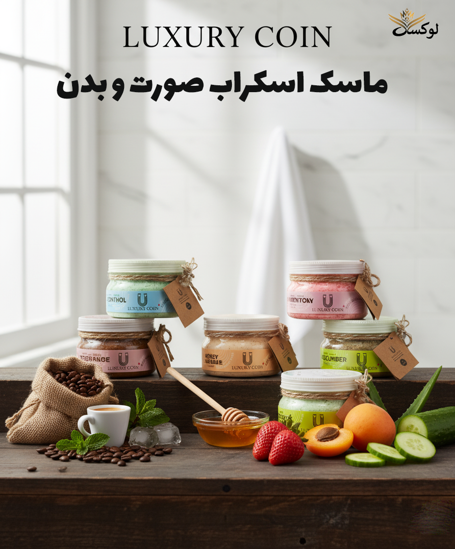 ماسک اسکراب صورت و بدن لاکچری کوین – ترکیبی از عصاره‌های طبیعی خیار، توت‌فرنگی، زردآلو، آلوئه‌ورا، عسل و بابونه، نعناع و قهوه برای شفافیت و نرمی پوست